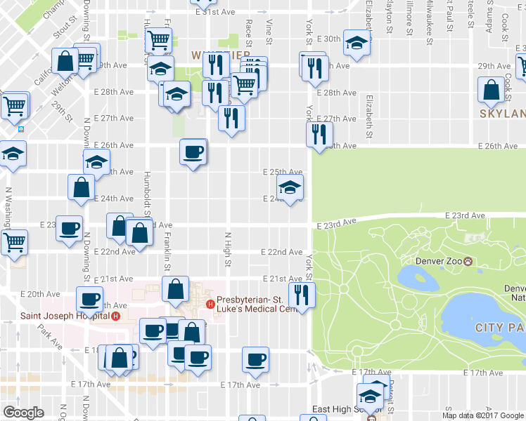 map of restaurants, bars, coffee shops, grocery stores, and more near 2337 Vine Street in Denver