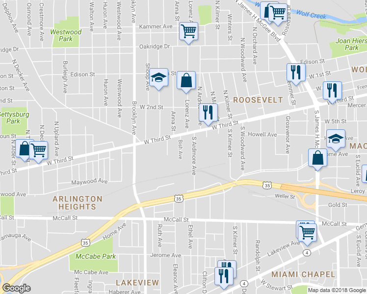 map of restaurants, bars, coffee shops, grocery stores, and more near 30 Bish Avenue in Dayton