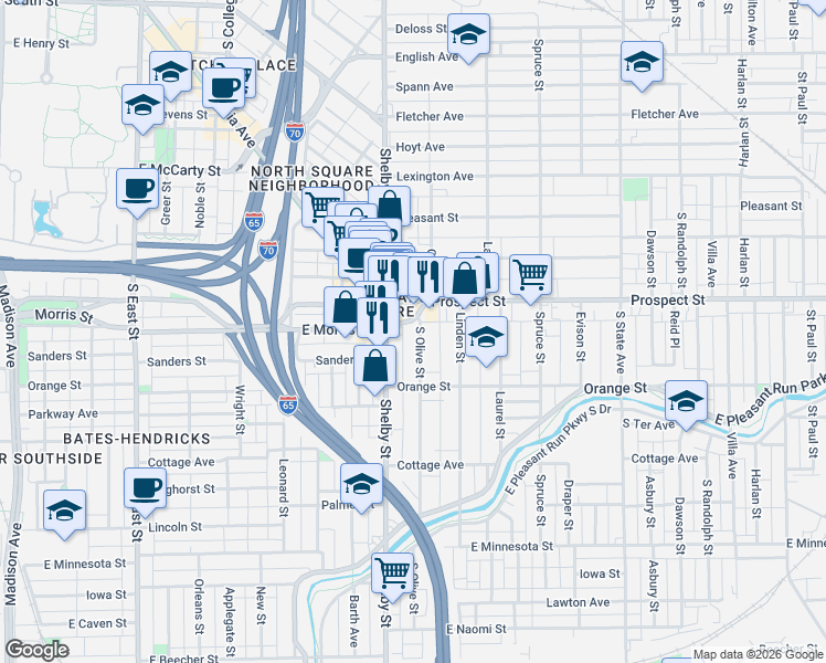 map of restaurants, bars, coffee shops, grocery stores, and more near 1130 Olive Street in Indianapolis