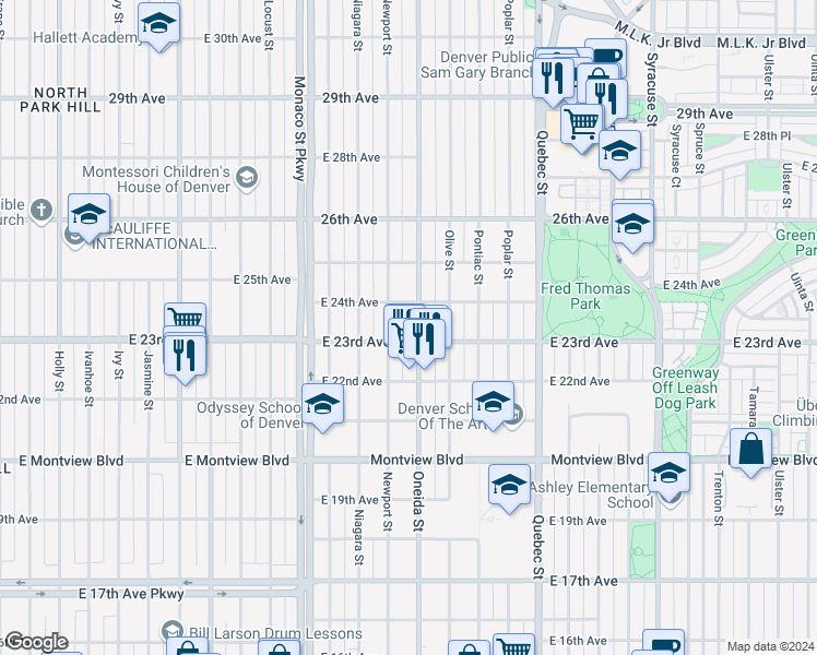 map of restaurants, bars, coffee shops, grocery stores, and more near 2323 Oneida Street in Denver
