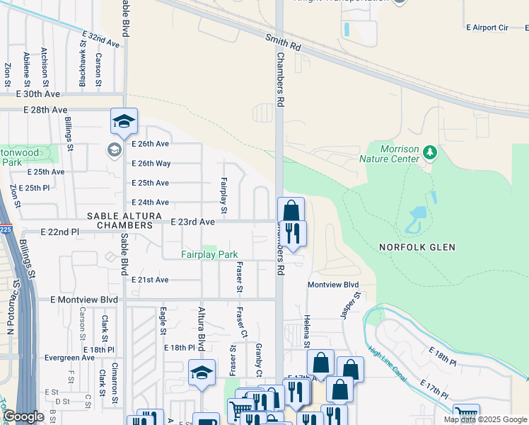 map of restaurants, bars, coffee shops, grocery stores, and more near 2339 Granby Way in Aurora