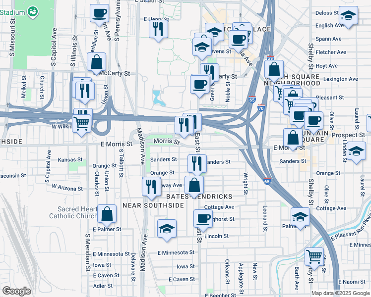 map of restaurants, bars, coffee shops, grocery stores, and more near 409 East Morris Street in Indianapolis