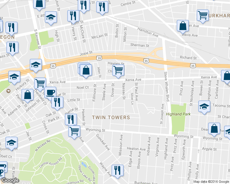 map of restaurants, bars, coffee shops, grocery stores, and more near 50 Dover Street in Dayton