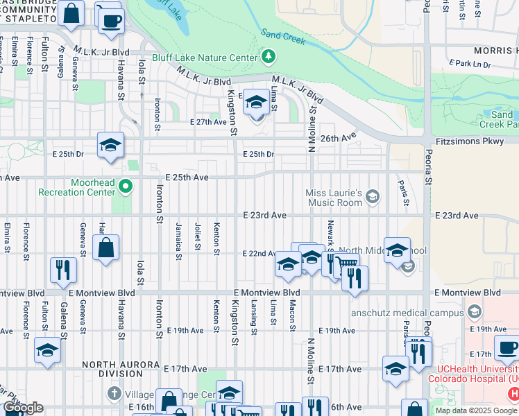 map of restaurants, bars, coffee shops, grocery stores, and more near 2310 Lansing Street in Aurora