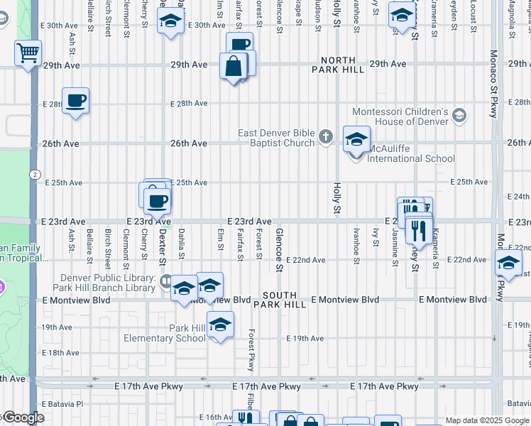 map of restaurants, bars, coffee shops, grocery stores, and more near 2314 Forest Street in Denver