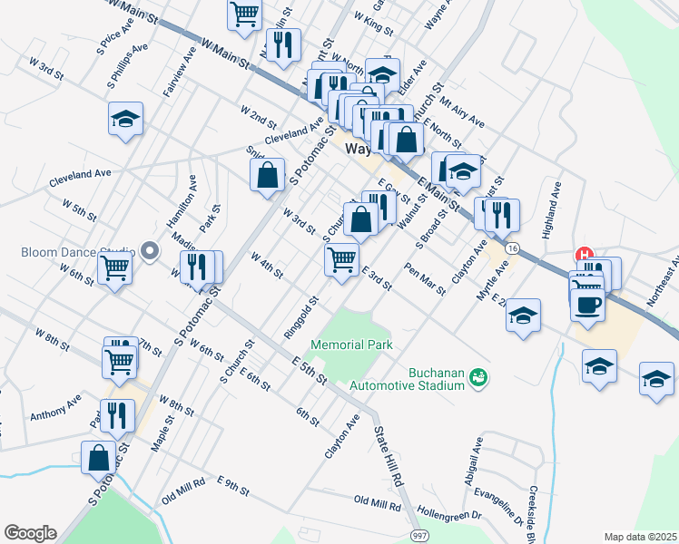 map of restaurants, bars, coffee shops, grocery stores, and more near 205 Ringgold Street in Waynesboro