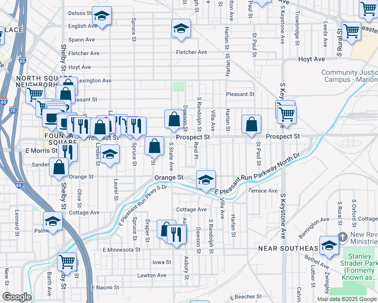 map of restaurants, bars, coffee shops, grocery stores, and more near 1127 Reid Place in Indianapolis