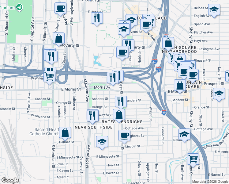 map of restaurants, bars, coffee shops, grocery stores, and more near 409 East Morris Street in Indianapolis