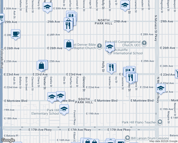 map of restaurants, bars, coffee shops, grocery stores, and more near 2309 Grape Street in Denver