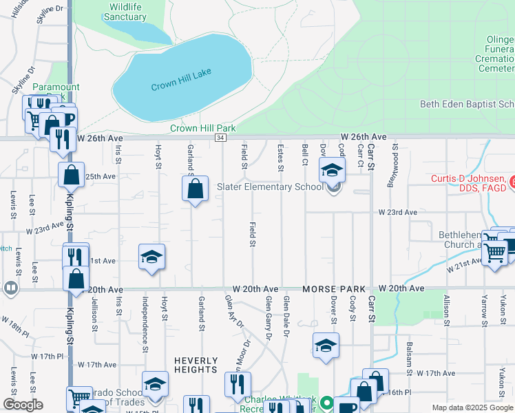 map of restaurants, bars, coffee shops, grocery stores, and more near 2350 Field Street in Lakewood