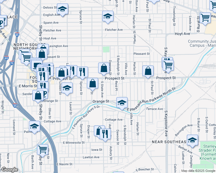 map of restaurants, bars, coffee shops, grocery stores, and more near 1132 Dawson Street in Indianapolis