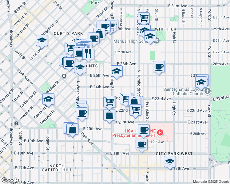 map of restaurants, bars, coffee shops, grocery stores, and more near 2334 North Downing Street in Denver