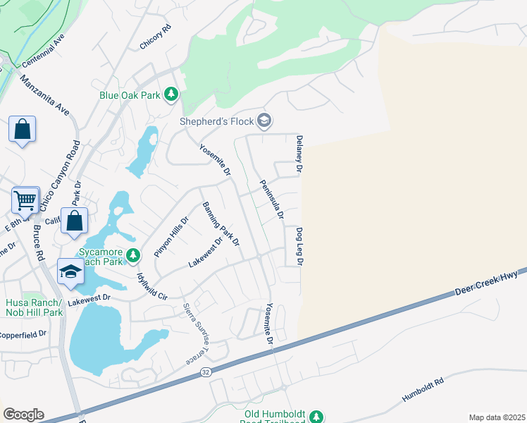 map of restaurants, bars, coffee shops, grocery stores, and more near 16 Phyllis Court in Chico
