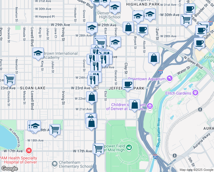 map of restaurants, bars, coffee shops, grocery stores, and more near 2855 West 23rd Avenue in Denver