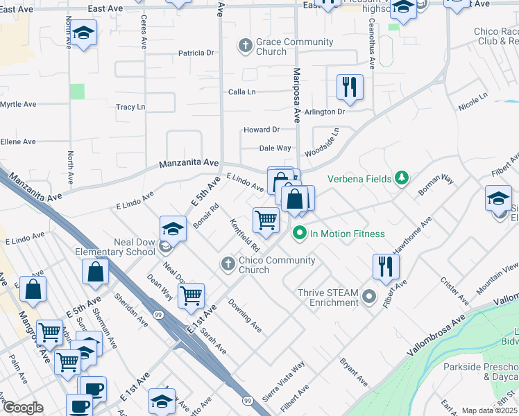 map of restaurants, bars, coffee shops, grocery stores, and more near 1385 East Lindo Avenue in Chico