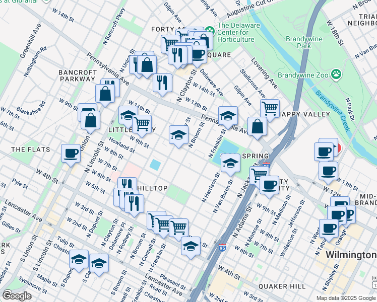 map of restaurants, bars, coffee shops, grocery stores, and more near N Broom St & W 10th St in Wilmington