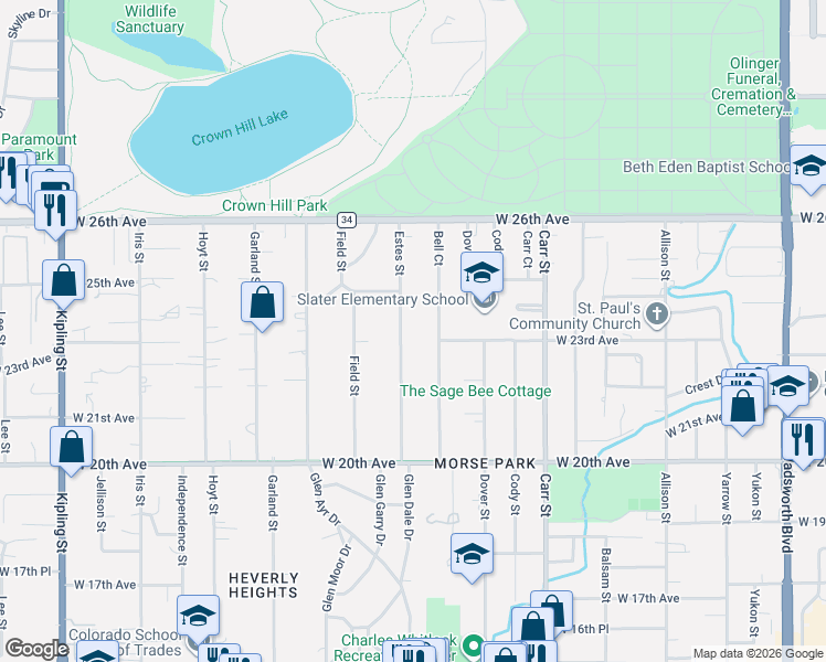 map of restaurants, bars, coffee shops, grocery stores, and more near 2308 Estes Street in Lakewood