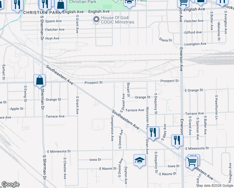 map of restaurants, bars, coffee shops, grocery stores, and more near 1129 Temperance Avenue in Indianapolis