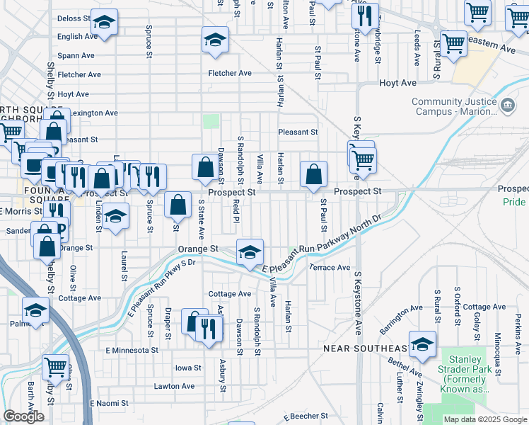 map of restaurants, bars, coffee shops, grocery stores, and more near 1136 Villa Ave in Indianapolis