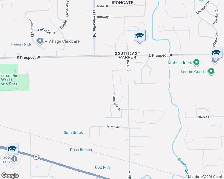 map of restaurants, bars, coffee shops, grocery stores, and more near 1404 Gleneagle Drive in Indianapolis
