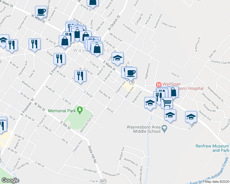 map of restaurants, bars, coffee shops, grocery stores, and more near 156 East 2nd Street in Waynesboro