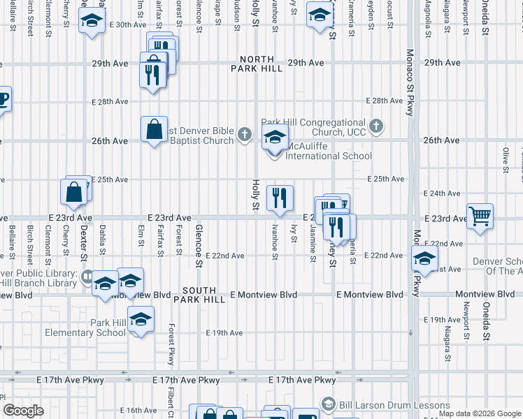 map of restaurants, bars, coffee shops, grocery stores, and more near 2316 Holly Street in Denver