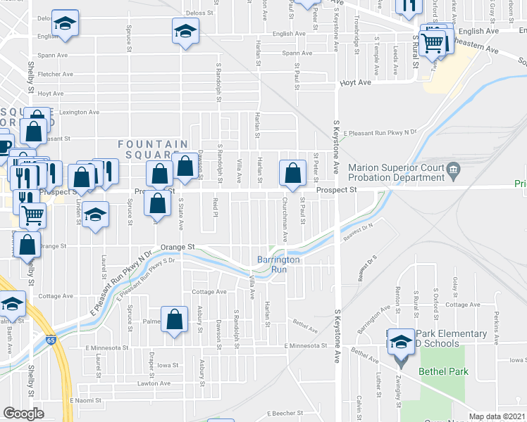 map of restaurants, bars, coffee shops, grocery stores, and more near 1130 Harlan Street in Indianapolis