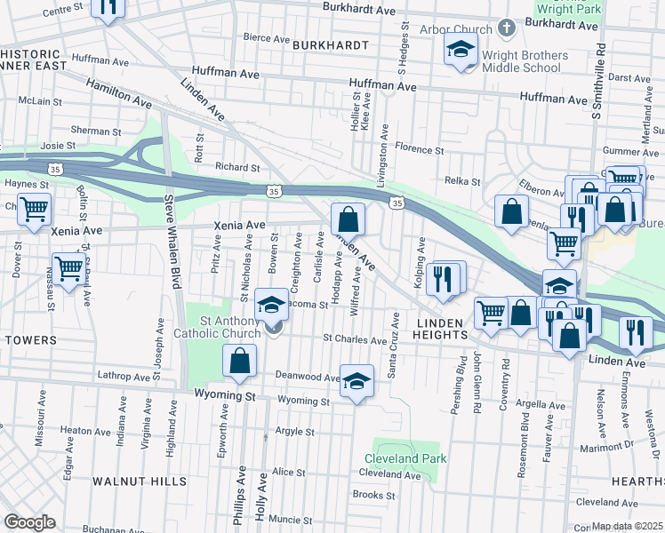 map of restaurants, bars, coffee shops, grocery stores, and more near 615 Hodapp Avenue in Dayton