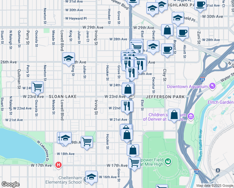 map of restaurants, bars, coffee shops, grocery stores, and more near 3107 West 23rd Avenue in Denver