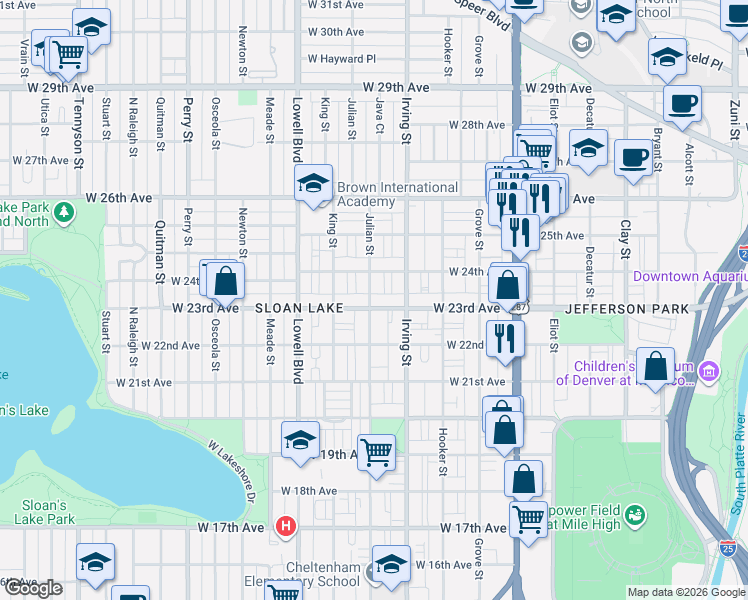 map of restaurants, bars, coffee shops, grocery stores, and more near 3397 West 23rd Avenue in Denver
