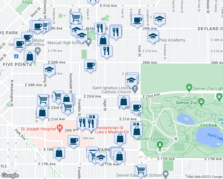 map of restaurants, bars, coffee shops, grocery stores, and more near 2337 Race Street in Denver
