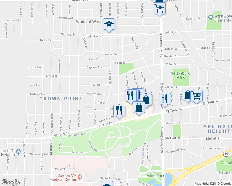 map of restaurants, bars, coffee shops, grocery stores, and more near 301 Elmhurst Rd in Dayton