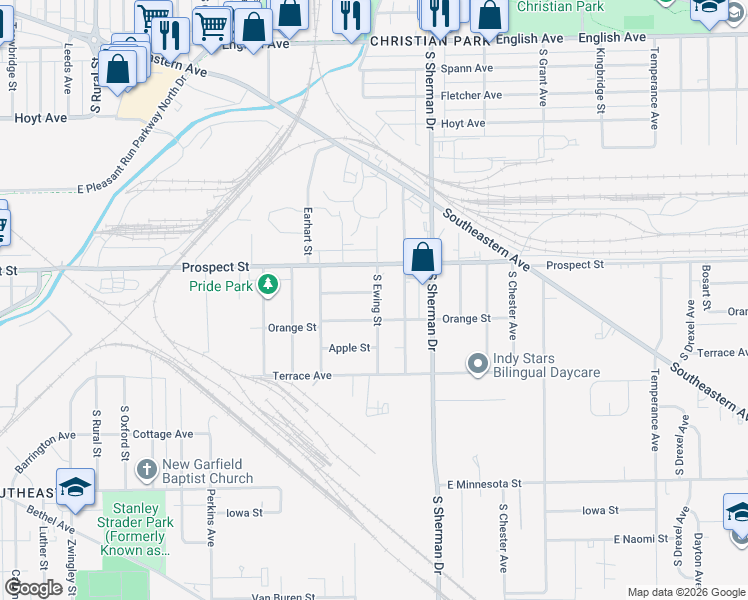 map of restaurants, bars, coffee shops, grocery stores, and more near 3565 East Morris Street in Indianapolis