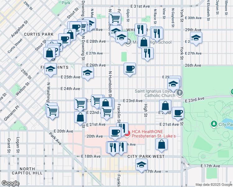 map of restaurants, bars, coffee shops, grocery stores, and more near 2341 Franklin Street in Denver