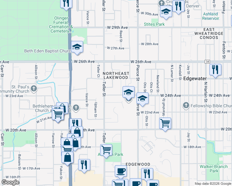 map of restaurants, bars, coffee shops, grocery stores, and more near 7015 West 24th Avenue in Lakewood