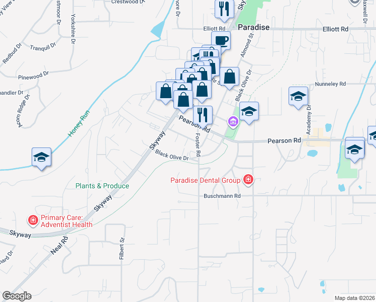 map of restaurants, bars, coffee shops, grocery stores, and more near 5275 Black Olive Drive in Paradise