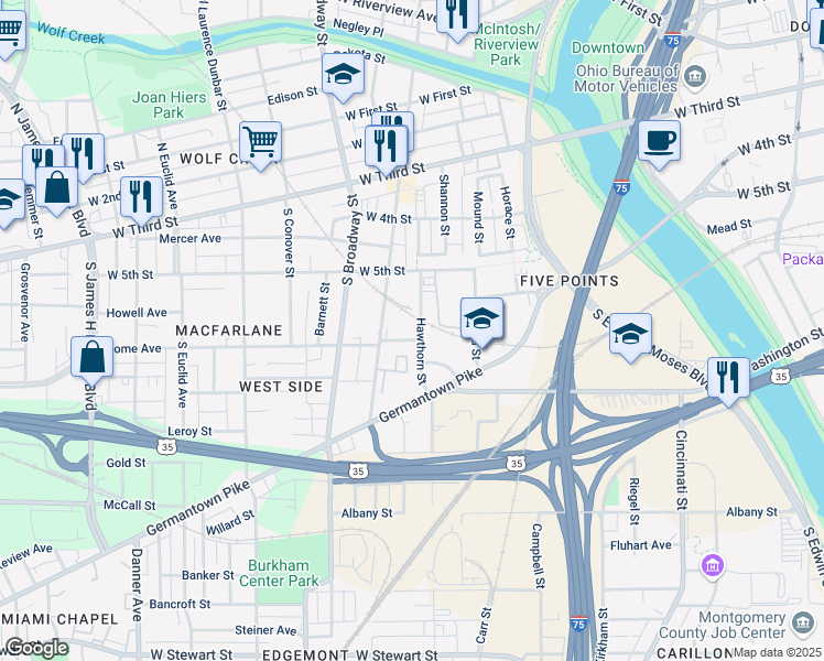 map of restaurants, bars, coffee shops, grocery stores, and more near 163 Hawthorn Street in Dayton