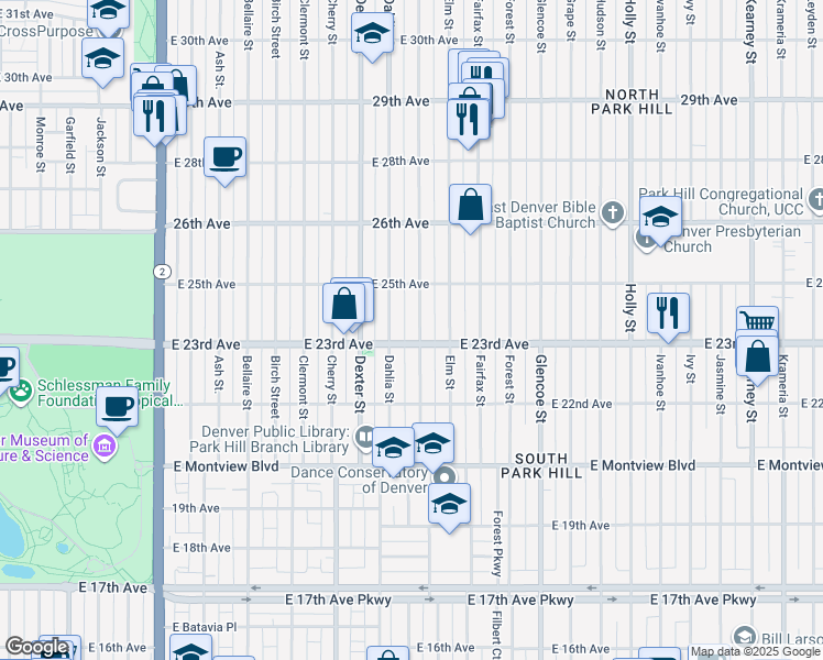 map of restaurants, bars, coffee shops, grocery stores, and more near 2315 Eudora Street in Denver