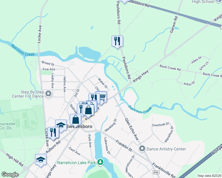 map of restaurants, bars, coffee shops, grocery stores, and more near 101 Water Street in Swedesboro