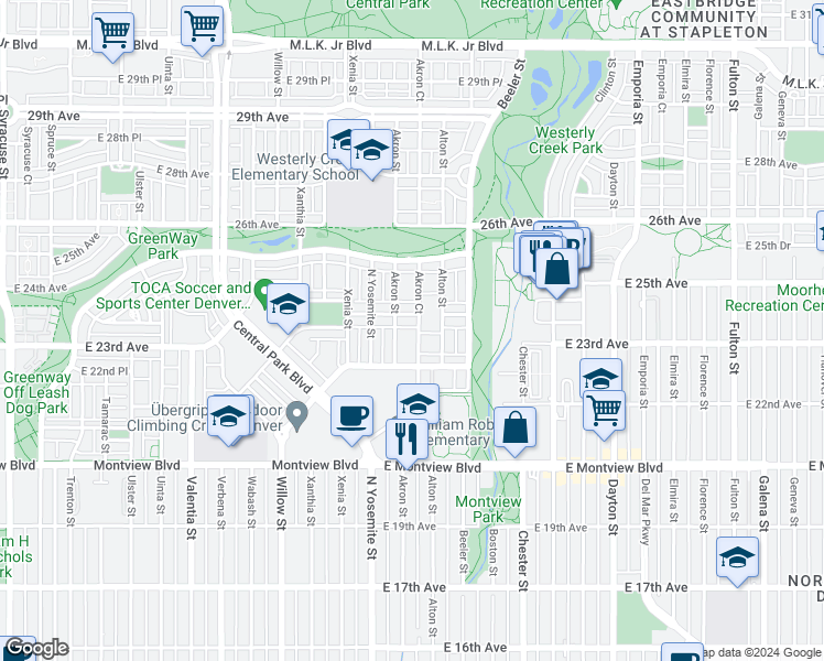map of restaurants, bars, coffee shops, grocery stores, and more near 2377 Akron Court in Denver