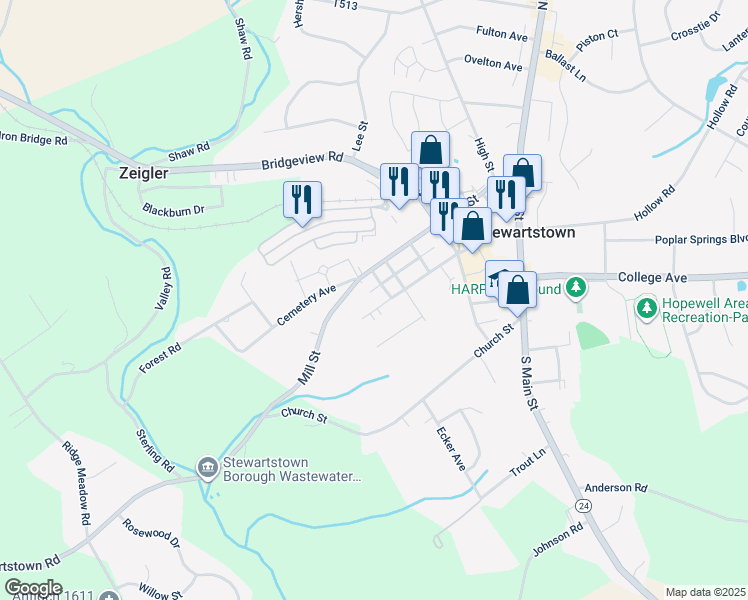 map of restaurants, bars, coffee shops, grocery stores, and more near 59 West Pennsylvania Avenue in Stewartstown
