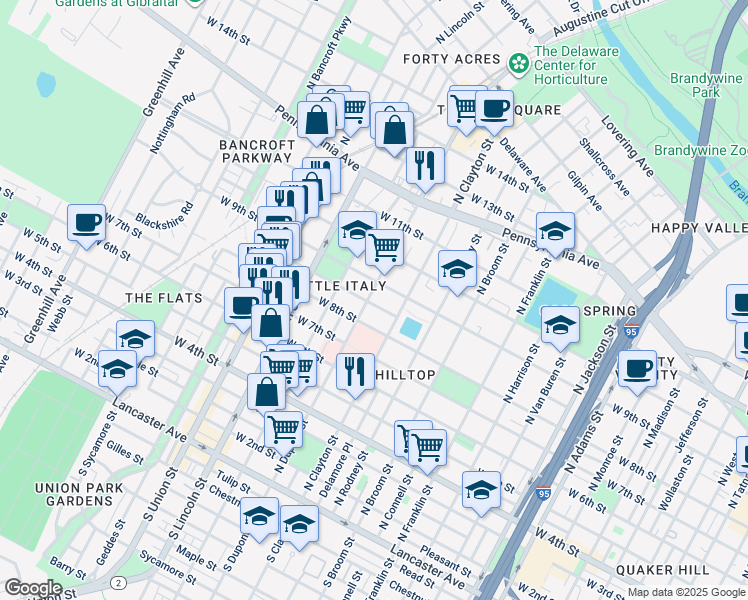 map of restaurants, bars, coffee shops, grocery stores, and more near 813 North Dupont Street in Wilmington