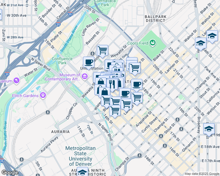 map of restaurants, bars, coffee shops, grocery stores, and more near 1900 16th Street Mall in Denver