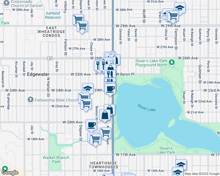 map of restaurants, bars, coffee shops, grocery stores, and more near 2401 Sheridan Boulevard in Edgewater