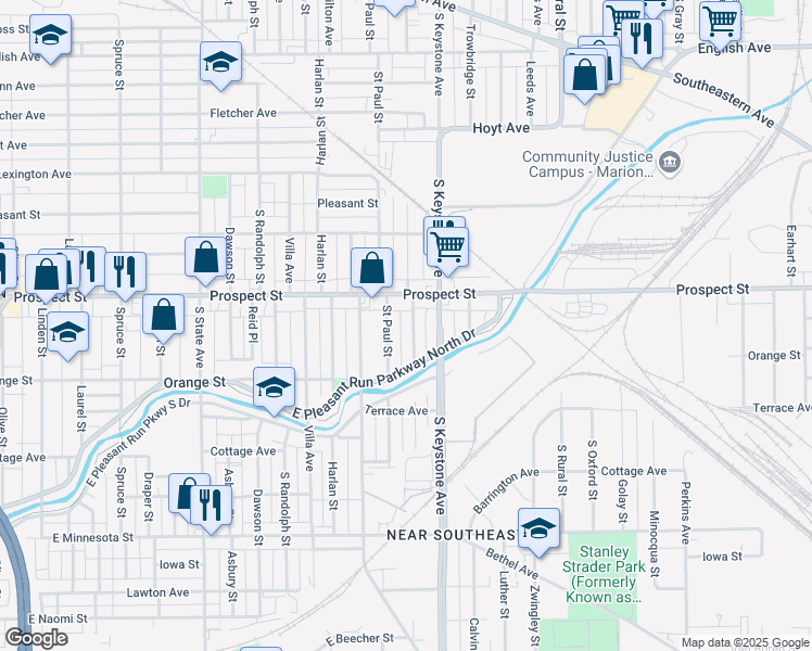 map of restaurants, bars, coffee shops, grocery stores, and more near 1126 Saint Peter Street in Indianapolis