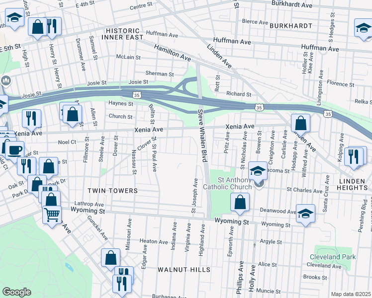 map of restaurants, bars, coffee shops, grocery stores, and more near 530 Parrot Street in Dayton