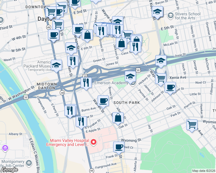 map of restaurants, bars, coffee shops, grocery stores, and more near 525 Brown St in Dayton