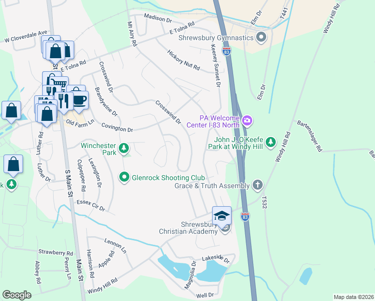 map of restaurants, bars, coffee shops, grocery stores, and more near 72 Crosswind Drive in Shrewsbury