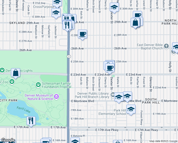 map of restaurants, bars, coffee shops, grocery stores, and more near 2318 Bellaire Street in Denver