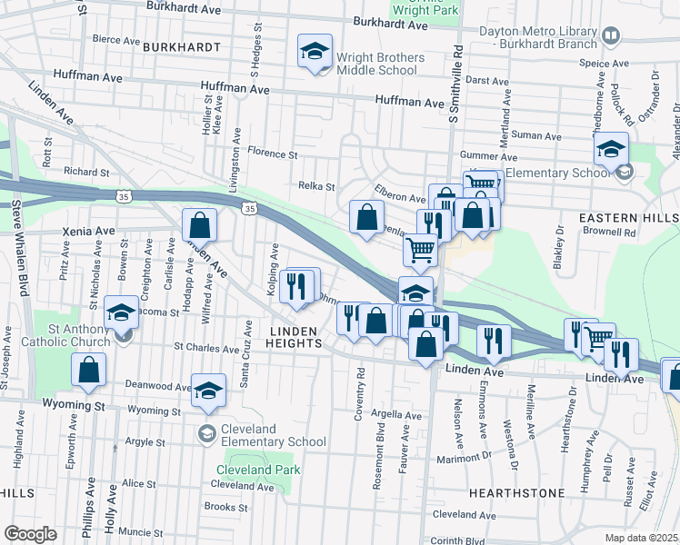 map of restaurants, bars, coffee shops, grocery stores, and more near 1400 Jordan Avenue in Dayton